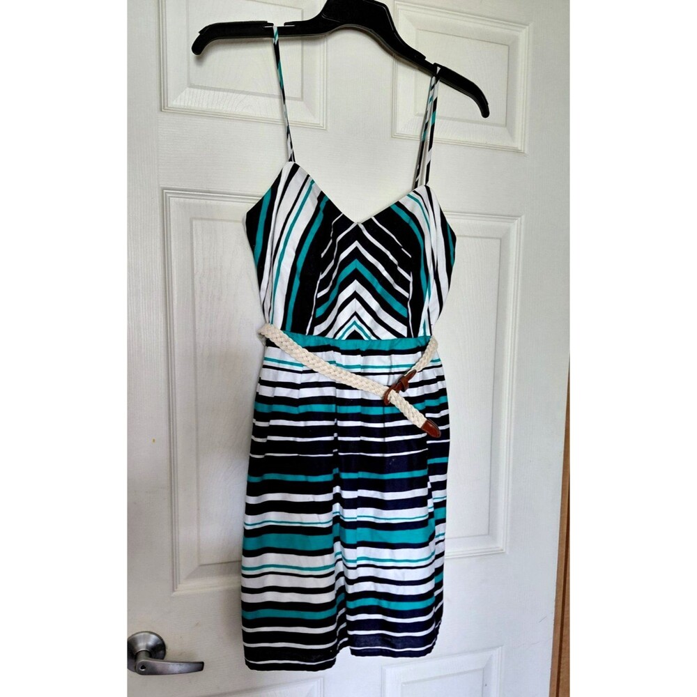Twenty One Women's Striped V-Neck Spaghetti Strap Belted Sundress M